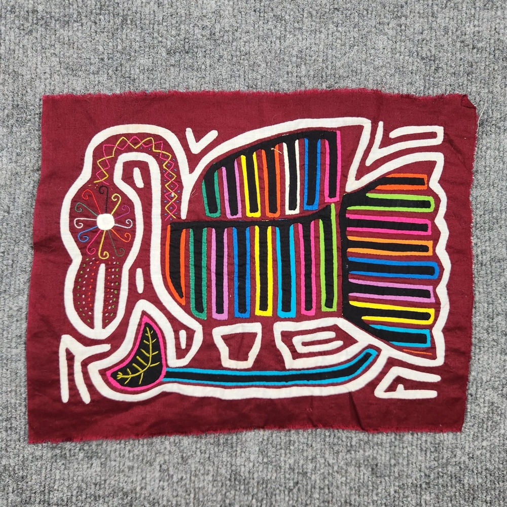 Handmade Panama Mola Art Bird Reverse Applique Embroidery Textile Burgundy 13.5'